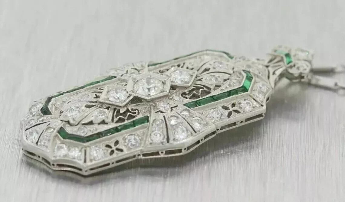 3.9Ct Art Deco Style Lab Created Diamond & Emerald Engagement 925 Silver Pendant