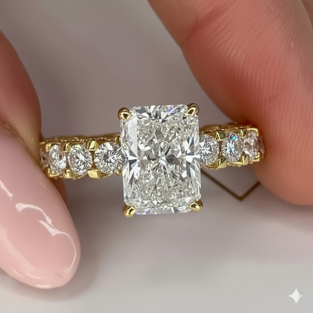 Diamond Ring Radiant Cut 14k Yellow Gold Lab Grown IGI Certified 4 Ct VVS E F