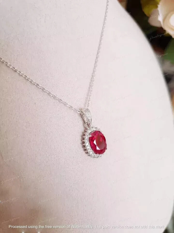 3Ct Oval Cut Lab Created Red Ruby Halo Pendant With Free Chain 14K White Gold FN
