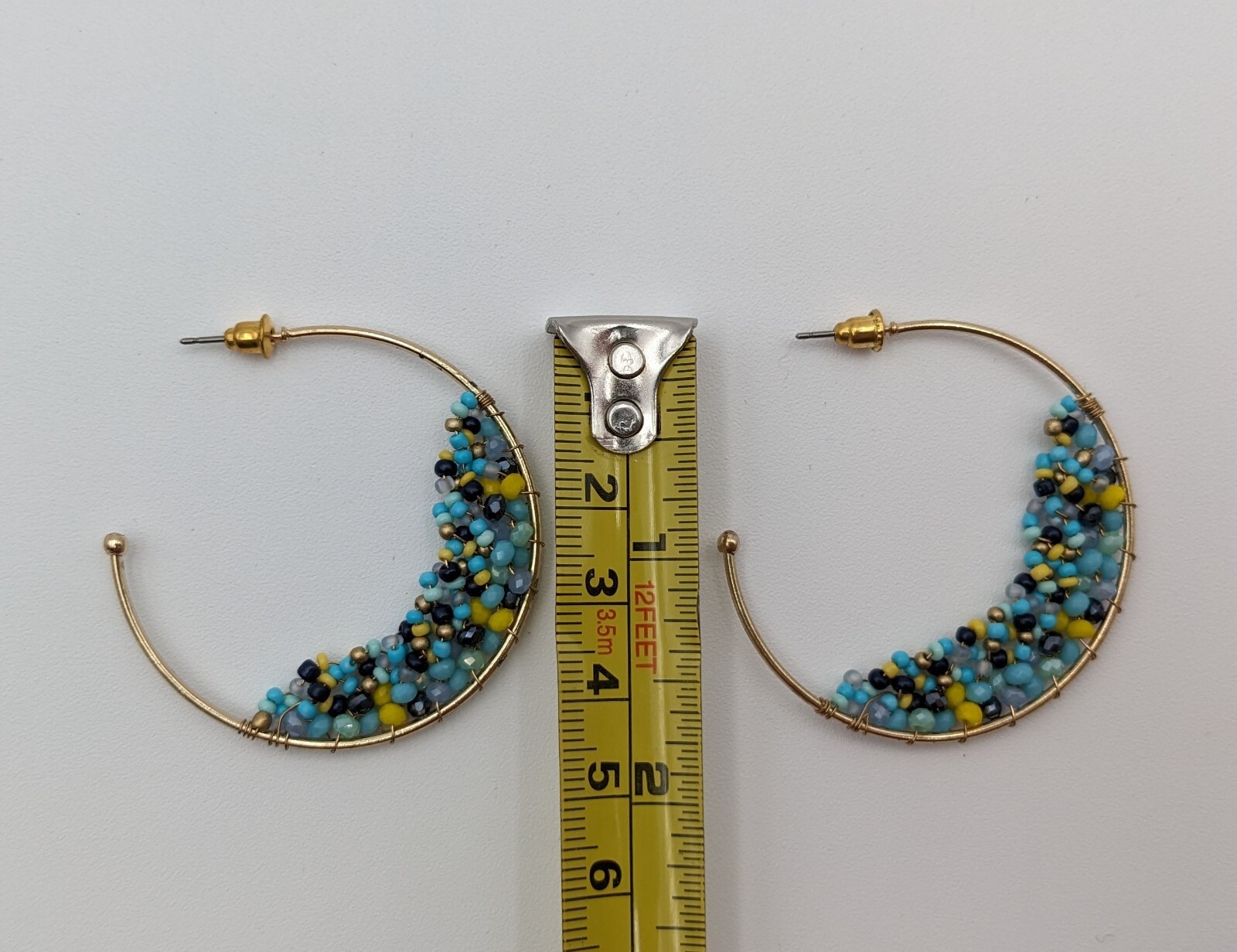 Wire Wrapped Beaded Hoop Earrings Pierced Gold Tone Metal Seed Beads Faceted
