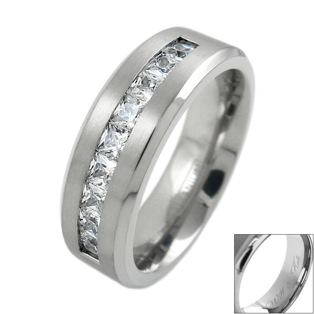 Engraved Titanium Men’s 1.8 Carat Princess Cut CZ Brushed Wedding Band Ring