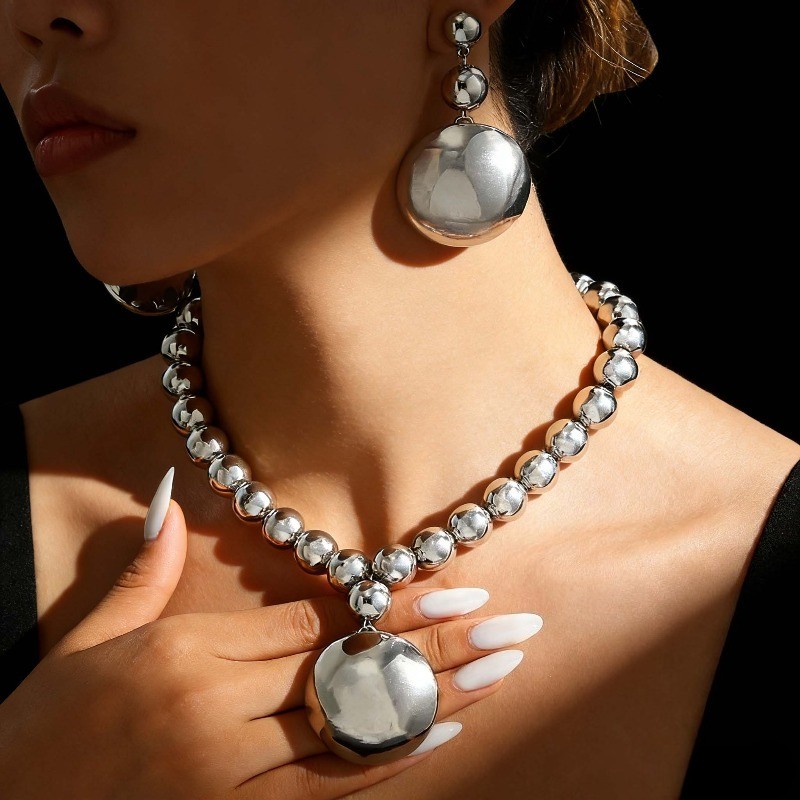 Women’s Exaggerated Large Round Bead Pendant Necklace Earring Set Acrylic