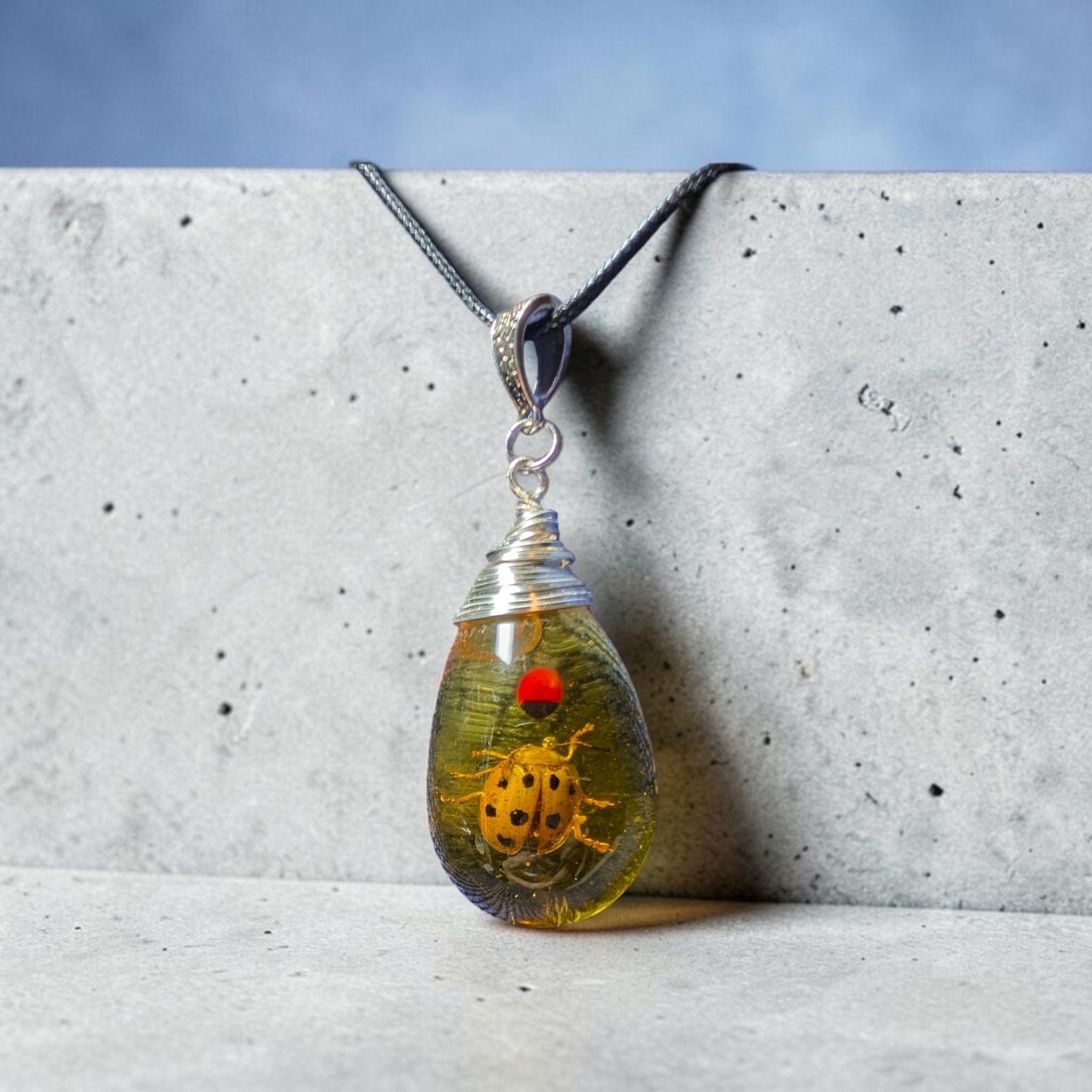 Yellow Resin Teardrop Ladybug Wire Wrapped Handmade Pendant Necklace,