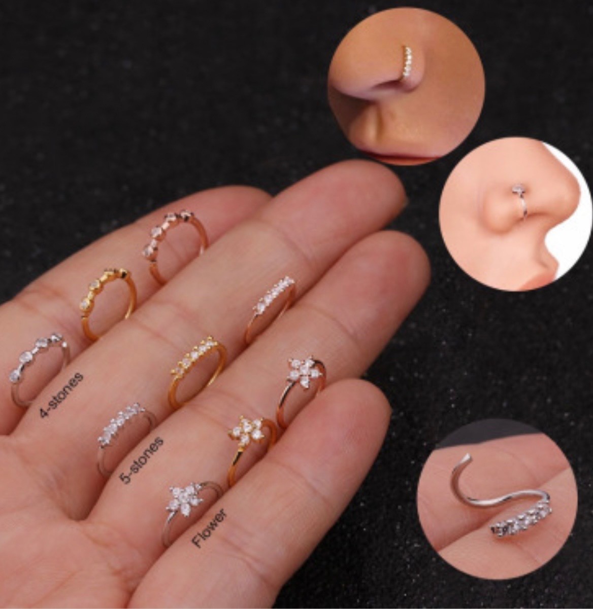 Fake Nose Ring Hoop No Piercing Clip On Nose Stud Tiny Flower CZ Helix Jewelry