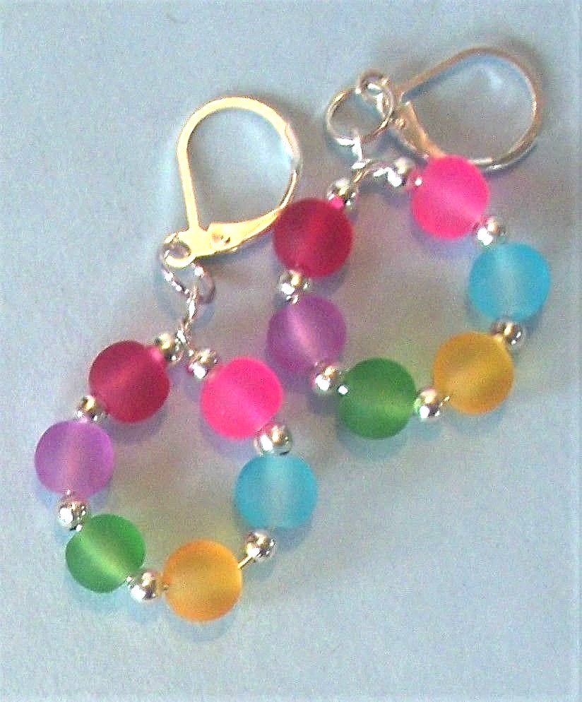COLORFUL beach glass CRYSTAL earring HOOPS SP LEVERBACK handcrafted