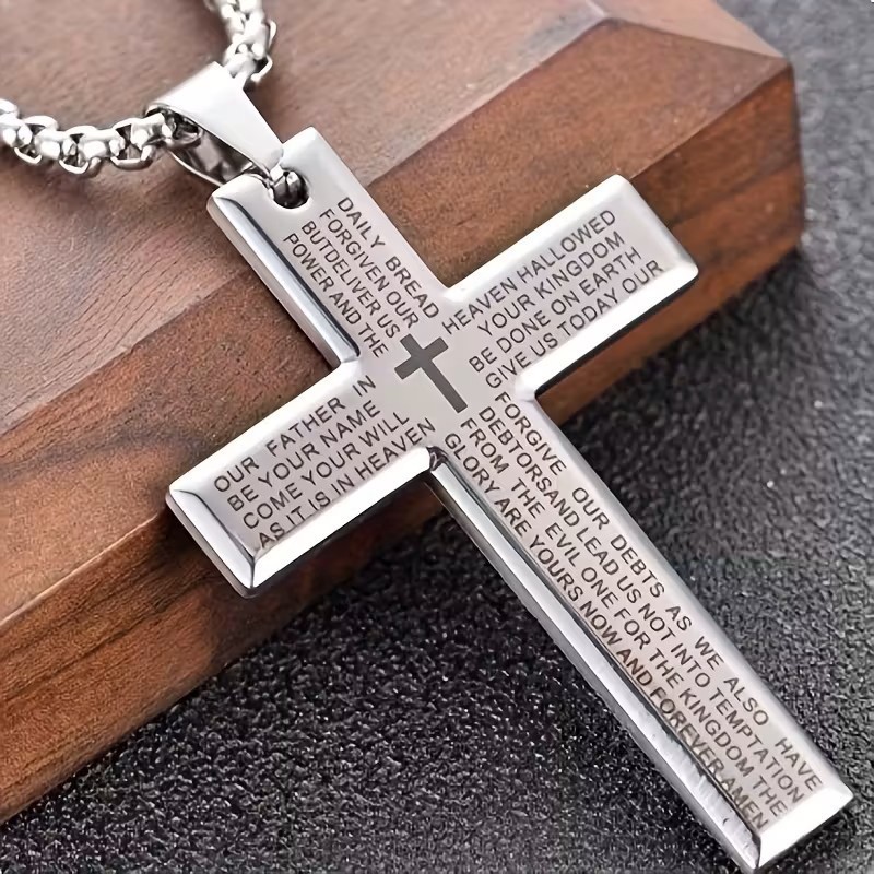 Cross Necklace Lord’s Prayer Engraved Christian Pendant Faith Jewelry Gift