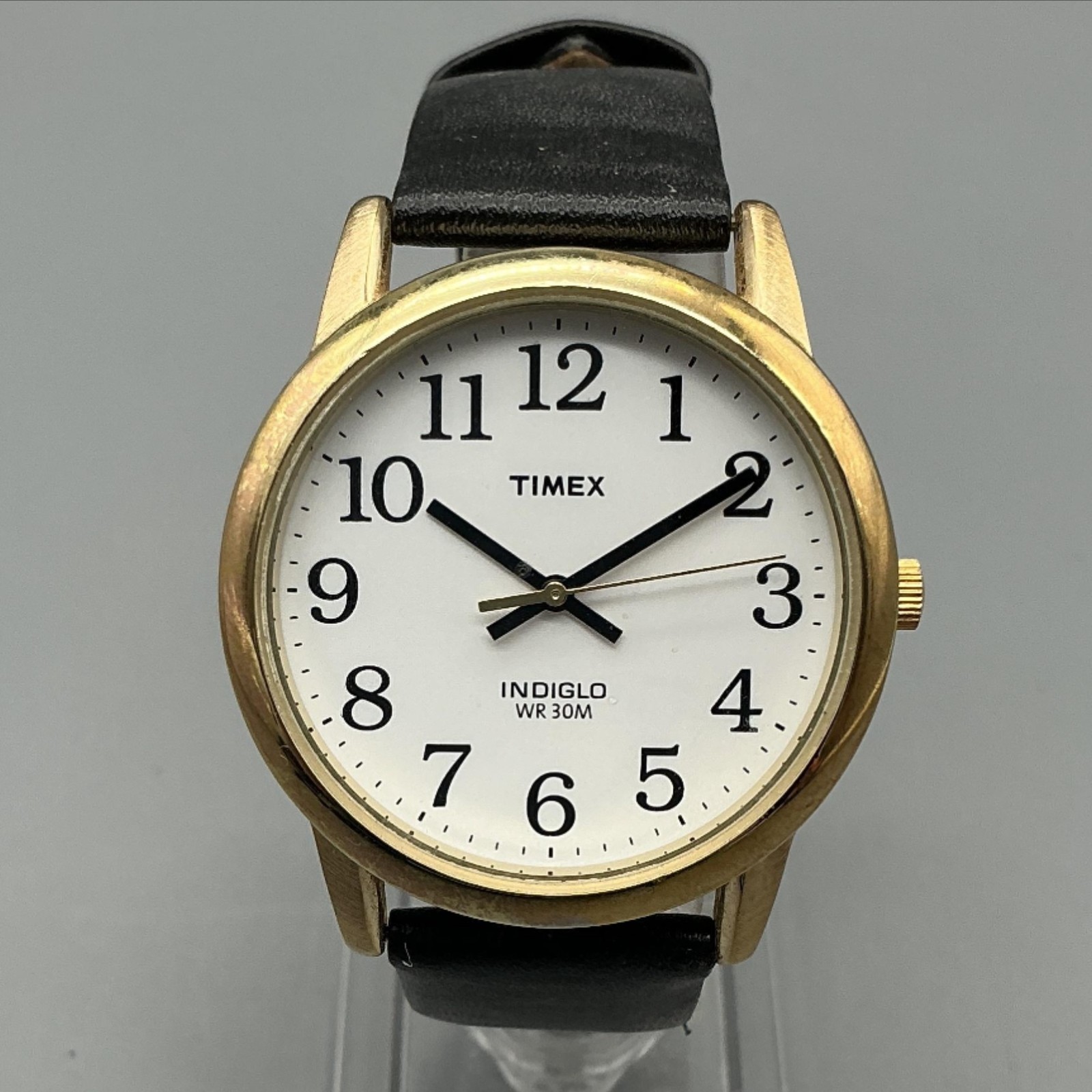 Timex Indiglo Mens Watch 35mm Gold Tone Black Leather Band New Battery