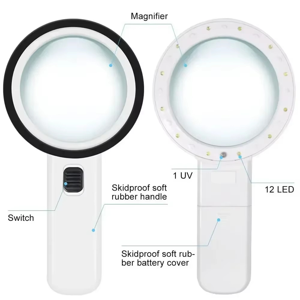 30X Handheld Magnifier 12 LED Illuminated Light with UV Light Portable Magnify