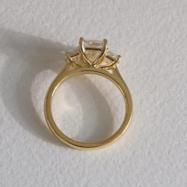5CT Radiant Cut Real Moissanite 3-Stone Engagement Ring 14k Yellow Gold Plated