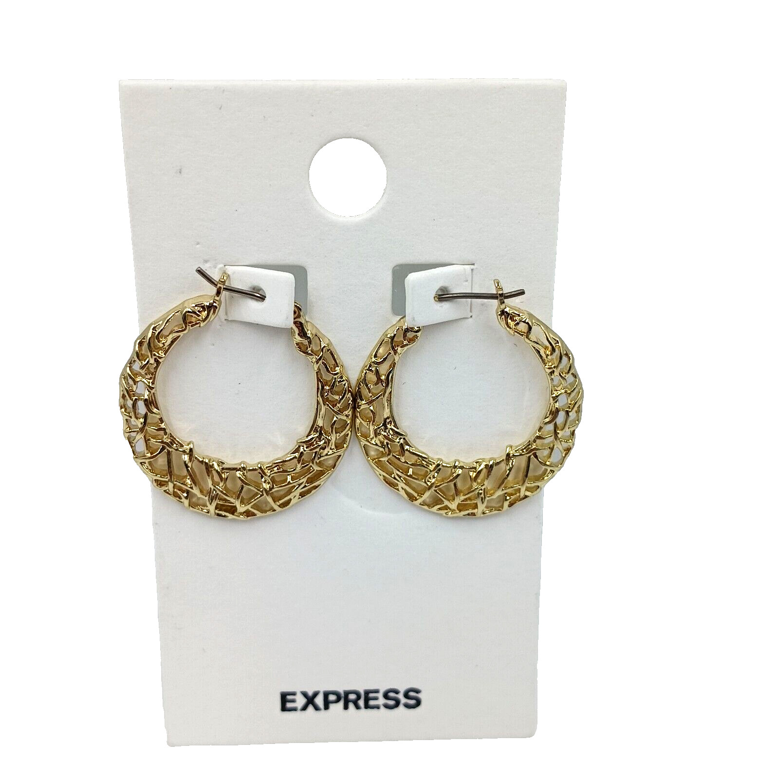 Express 1 1/8″ Wire Wrapped Snap Back Closure Hoop Earrings Gold Tone Shiny New