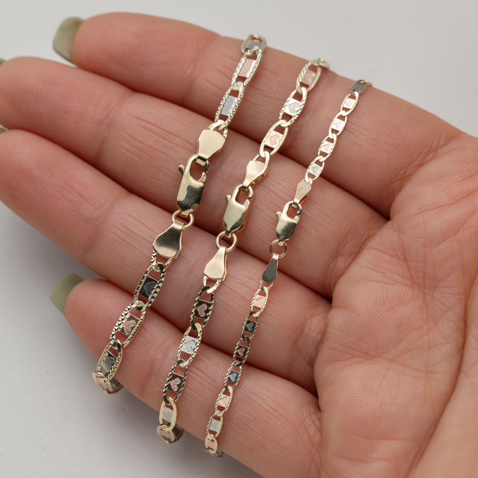 10K GOLD Heart Textured Valentino Link Bracelet Tri-Color Gold All Sizes