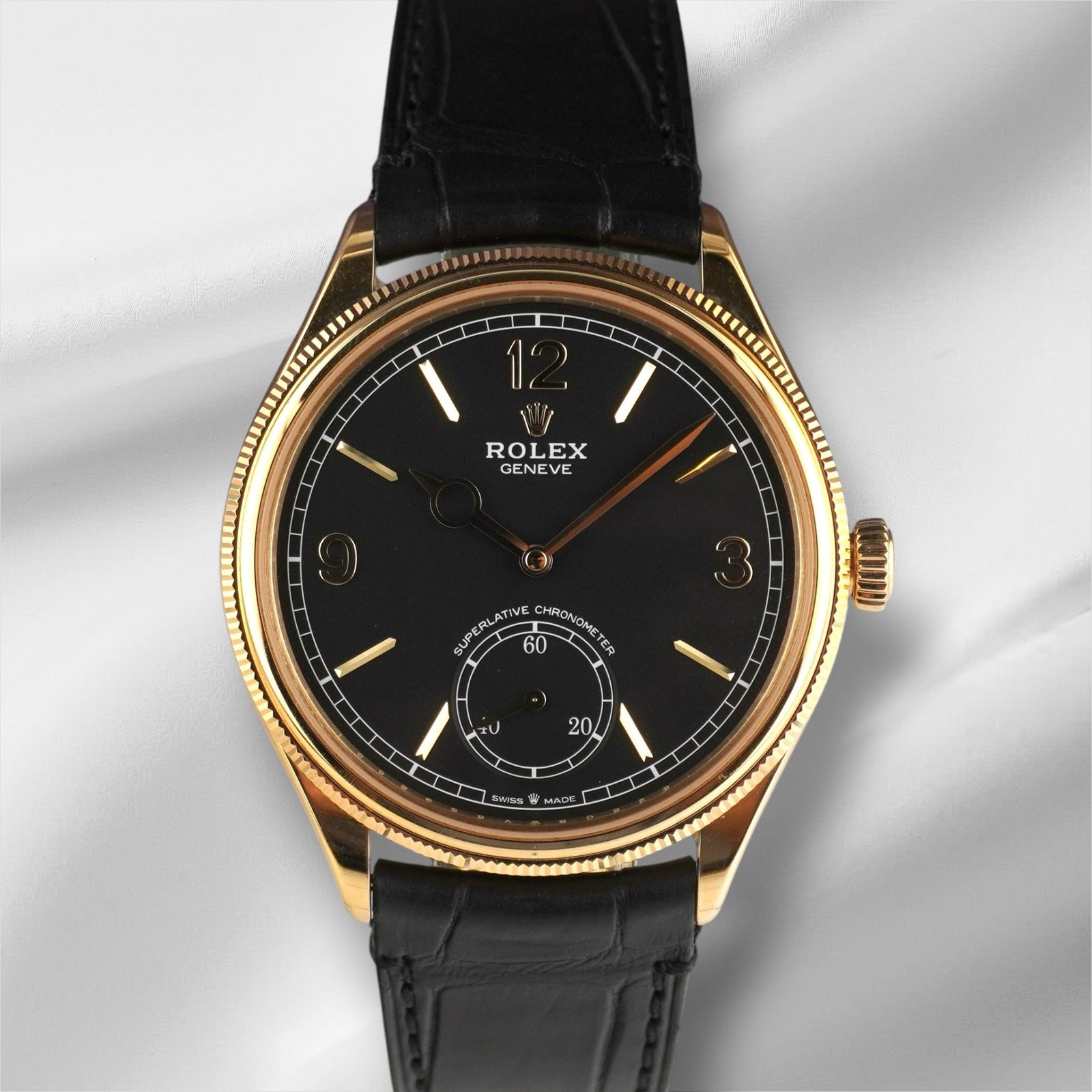 Rolex 1908 39mm Yellow Gold Black Dial Leather Band Men’s Watch 52508