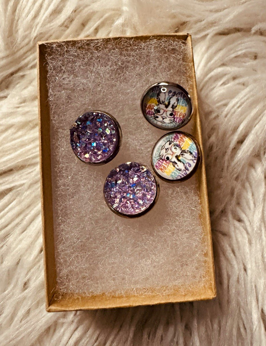 Lot of 2 Resin Round Stud Earrings Purple Druzy & Bunny Print Glossy/ Easter