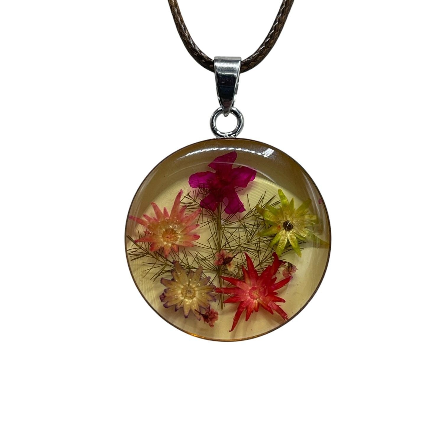 Round Dried Flower Resin Pendant Necklace Adjustable 18″ Brown Cord