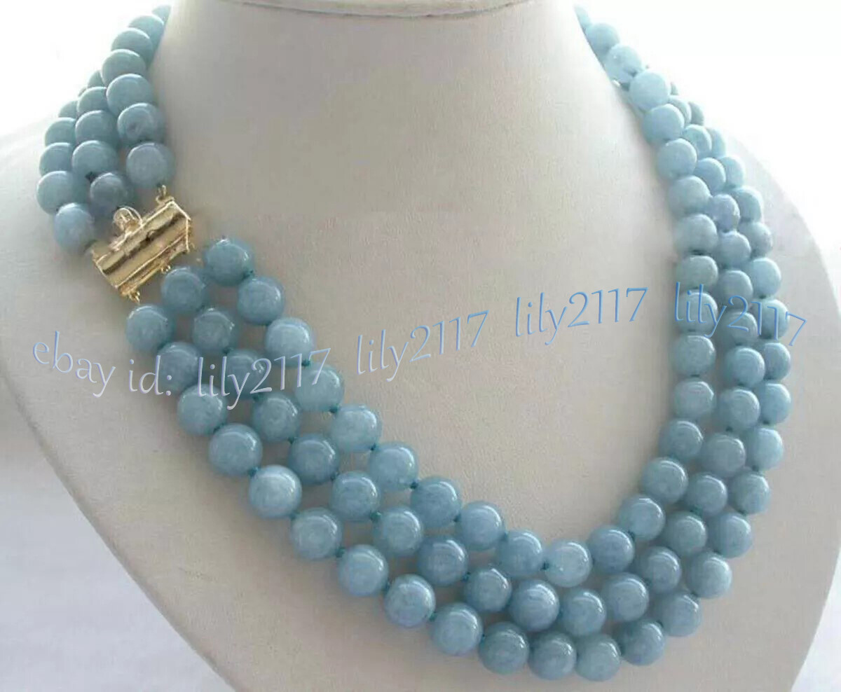 3 Rows Natural Blue Aquamarine Round Gemstone Beads Necklace 18-20” 6/8/10/12mm