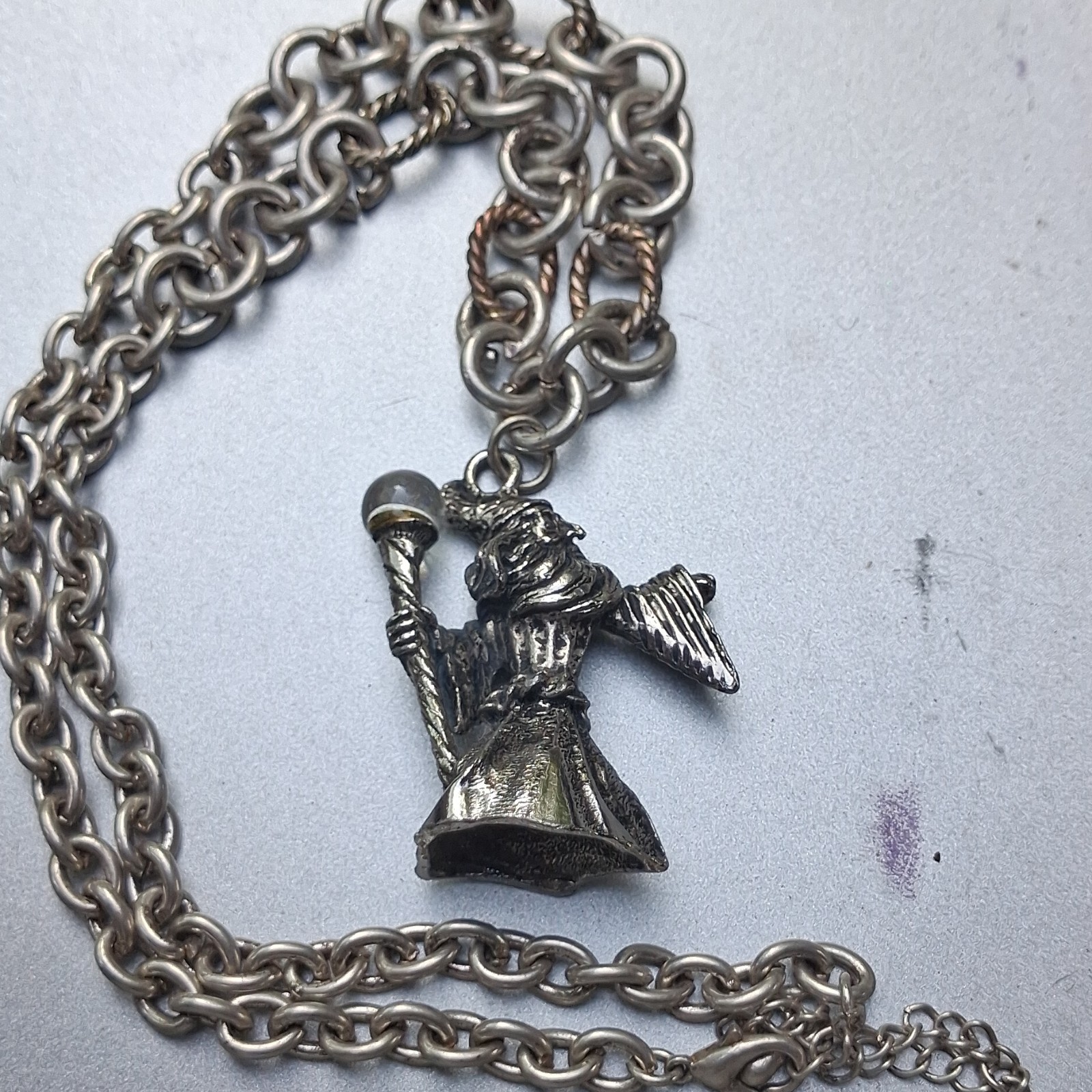 Pewter Wizard Charm Pendant Necklace Cable Chain Clear Round Stone