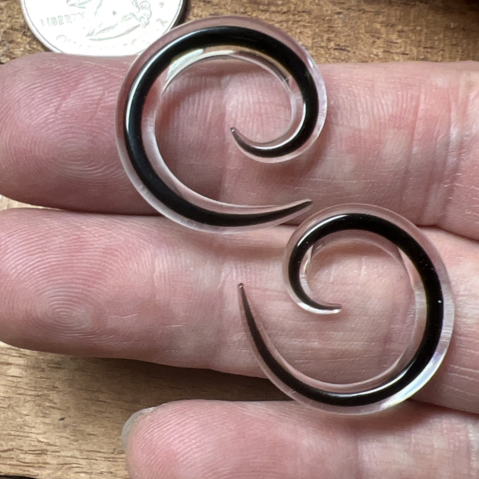 PAIR ENCASED BLACK GOTHIC PYREX GLASS 8g 3mm SPIRALS PLUGS BODY JEWELRY EARRINGS