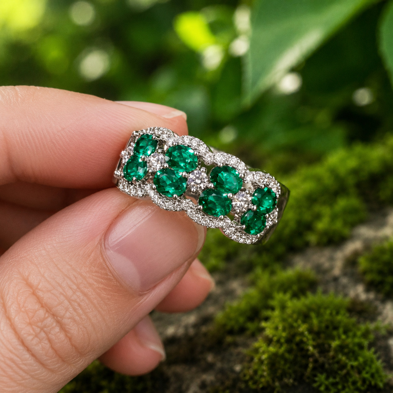 2.60Ct Oval Lab Created Green Emerald Wedding Band Ring 14K White Gold Plated