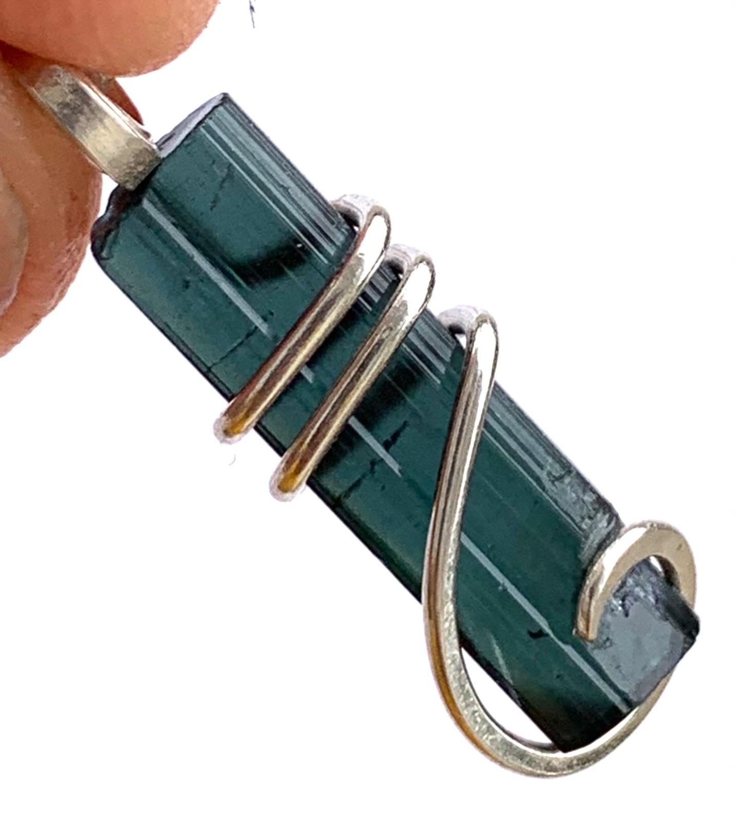 Blue Tourmaline Crystal in Silver Wire wrap Art Pendant Rare Crystal 7.20