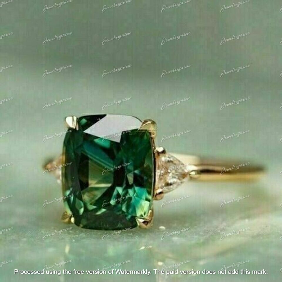 3Ct Cushion Cut Lab-Created Green Emerald Engagement Ring 14K Yellow Gold Plated