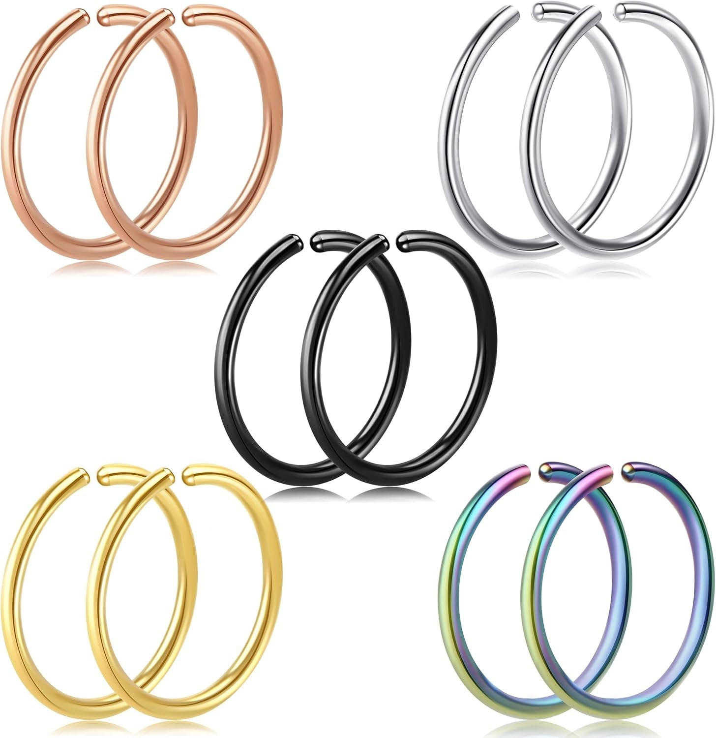 10Pcs Adjustable Nose Rings in Gold, Silver, Rose Gold – Stylish Faux Piercings