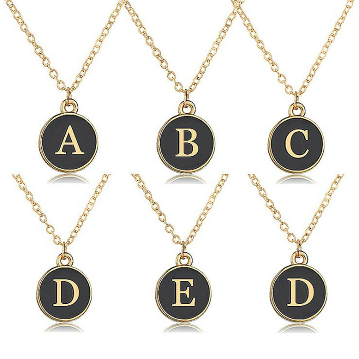 Fashion Initial Alphabet 26 Letter A-Z Chain Necklace Gold Plated Black Enemal