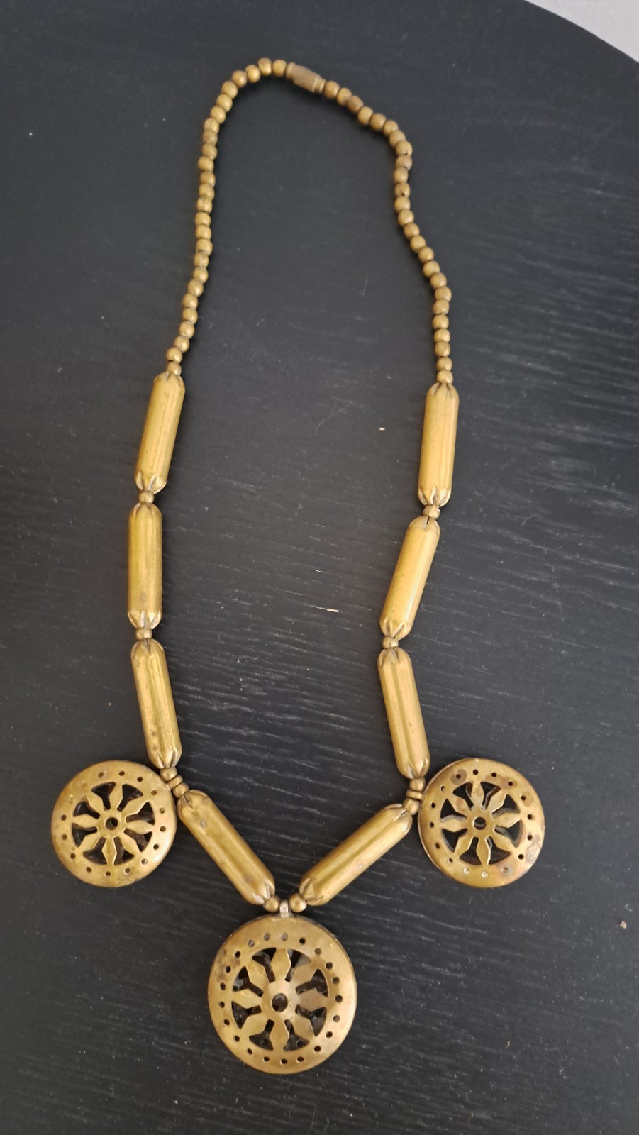 Brass Statement Tribal Necklace Pendant Boho Vintage 1980s Barrel Clasp