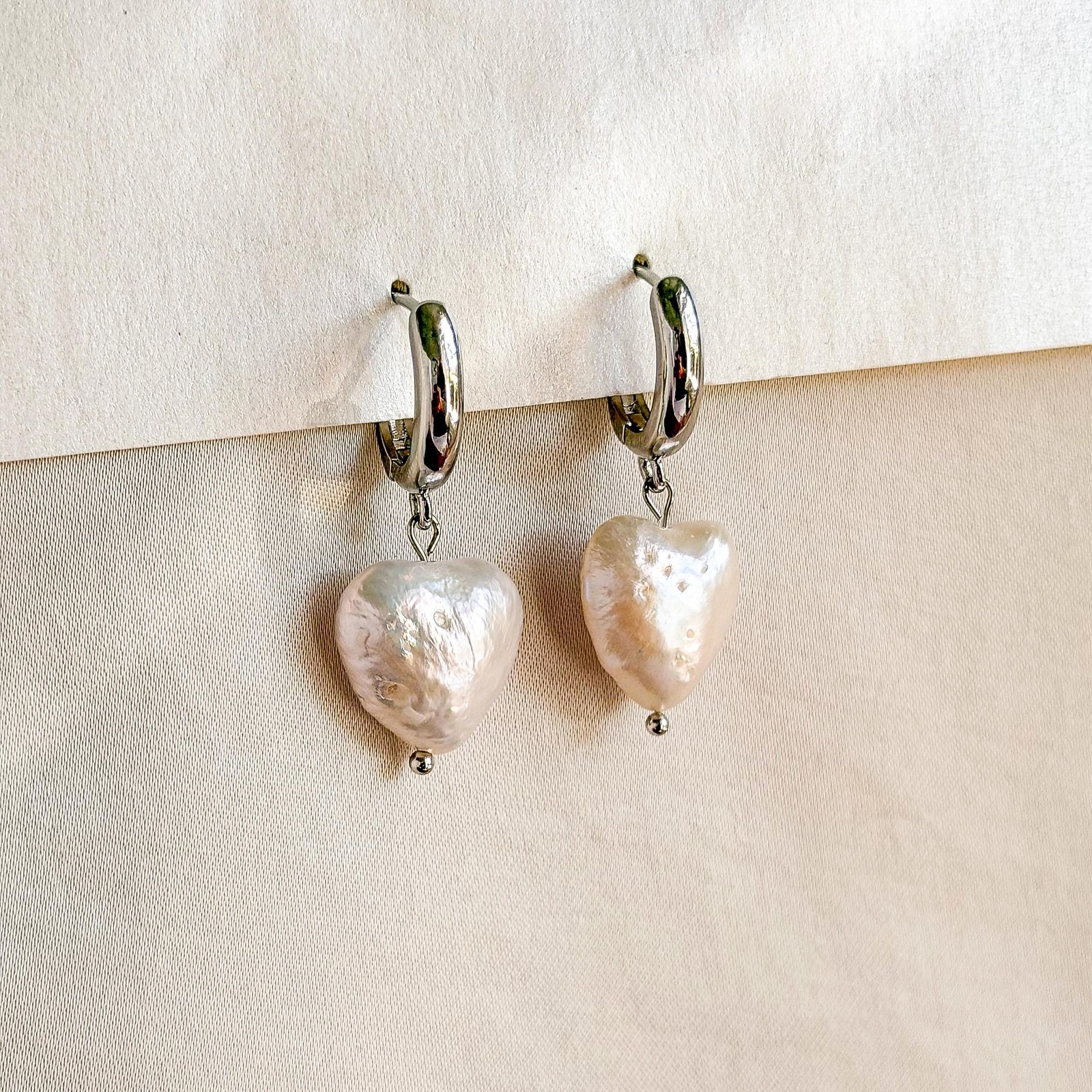 Heart Pearl Drop Earrings, Silver Huggie Hoops, Gift for Her