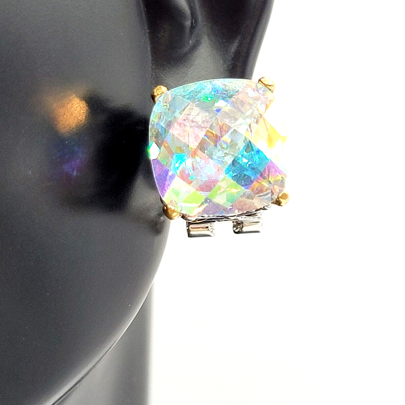 Modern Rainbow AB Crystal Square Stud Two Tone Ornate Frame Pierced Earrings