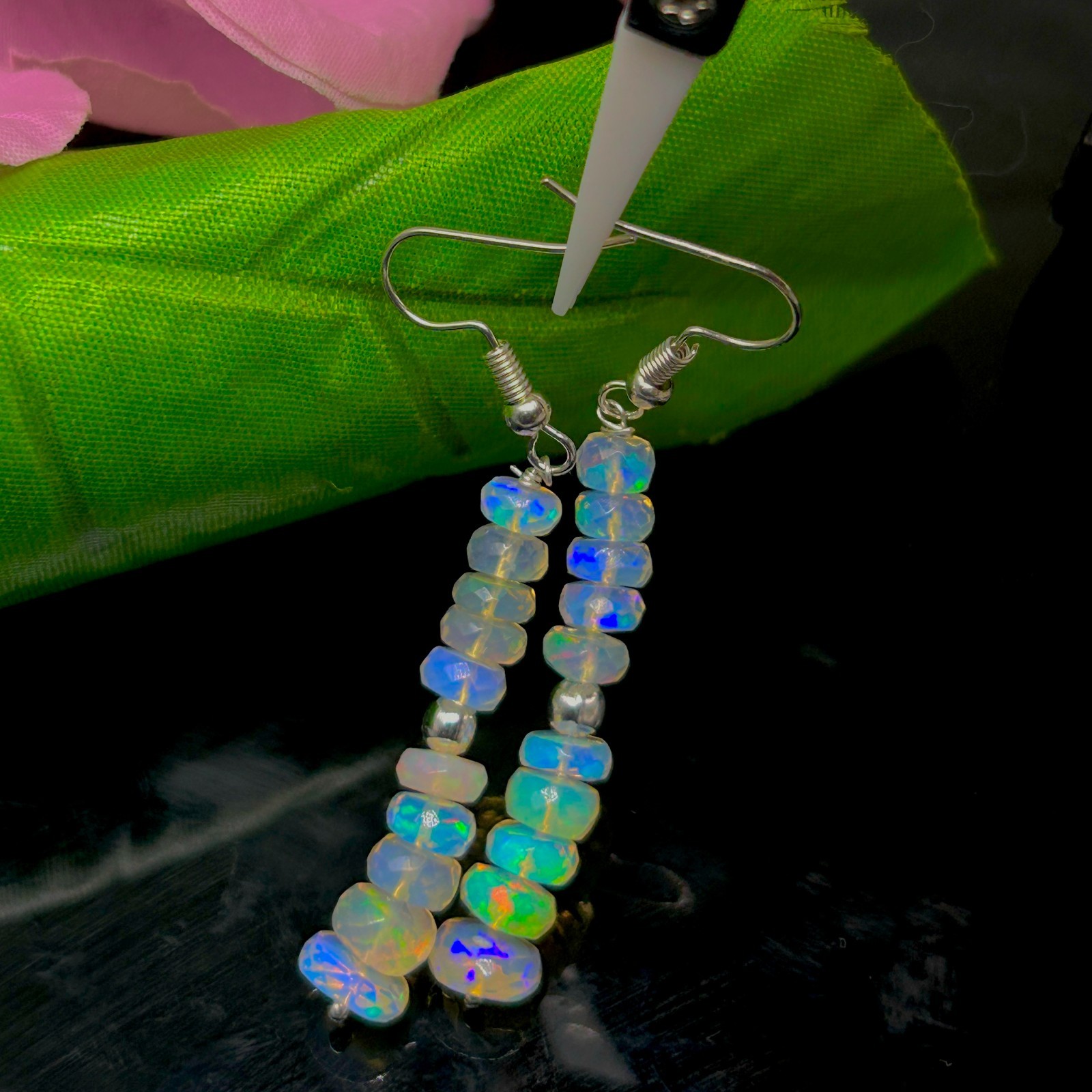 Natural Opal Faceted Bead and Dangle Earrings, Multifire Opal Gemstone Bead