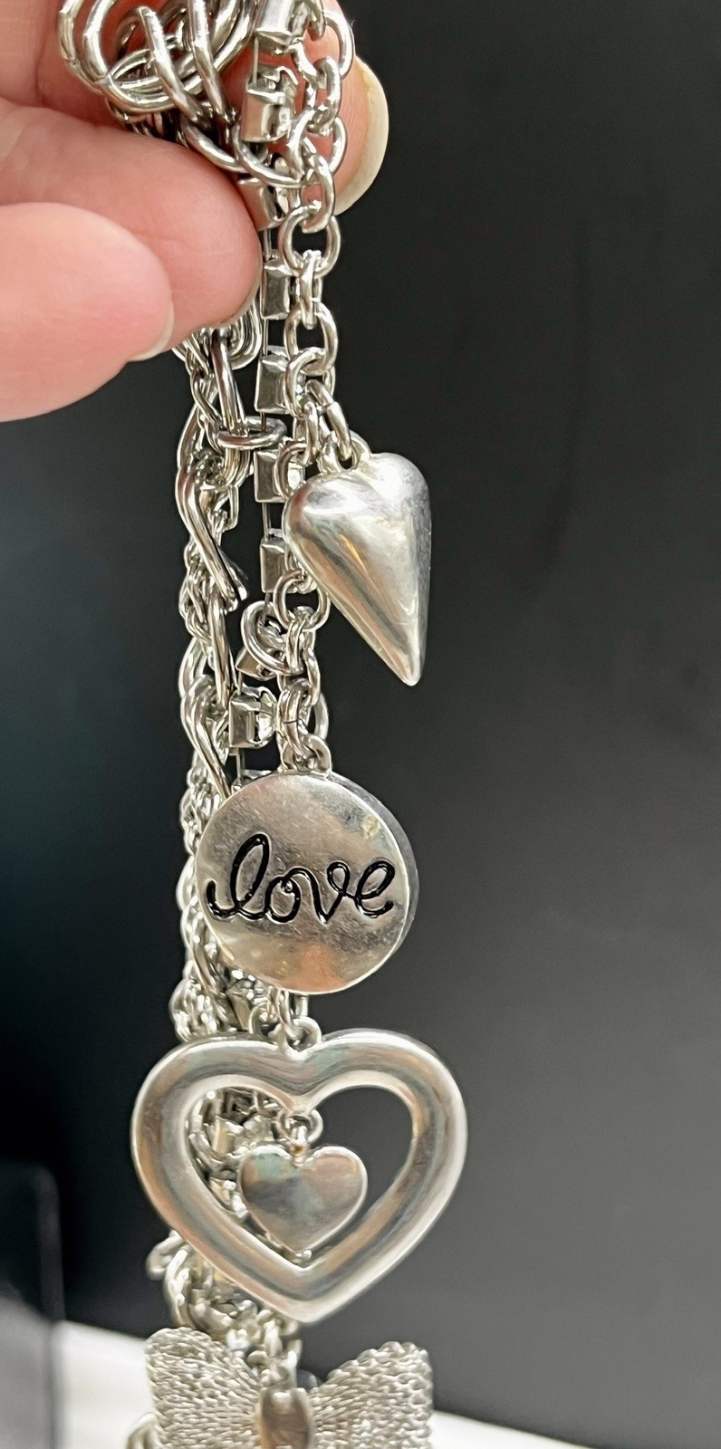 SILVER TONE GUESS CHARM MULTI CHAIN BRACELET MESH BOW HEART Rhinestone 7.25”