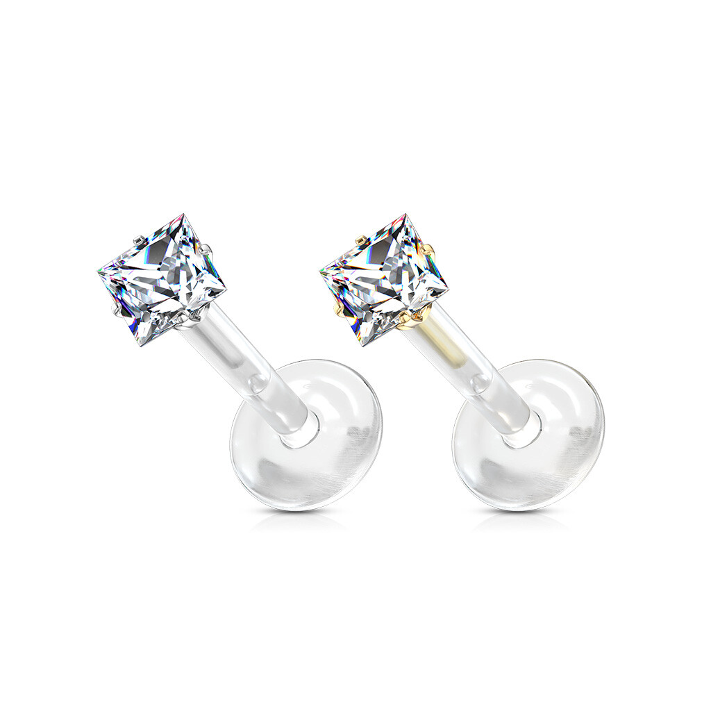 Pair Prong Set Square CZ Bio Flex Push In Ear Cartilage Helix Labret Tragus 16G
