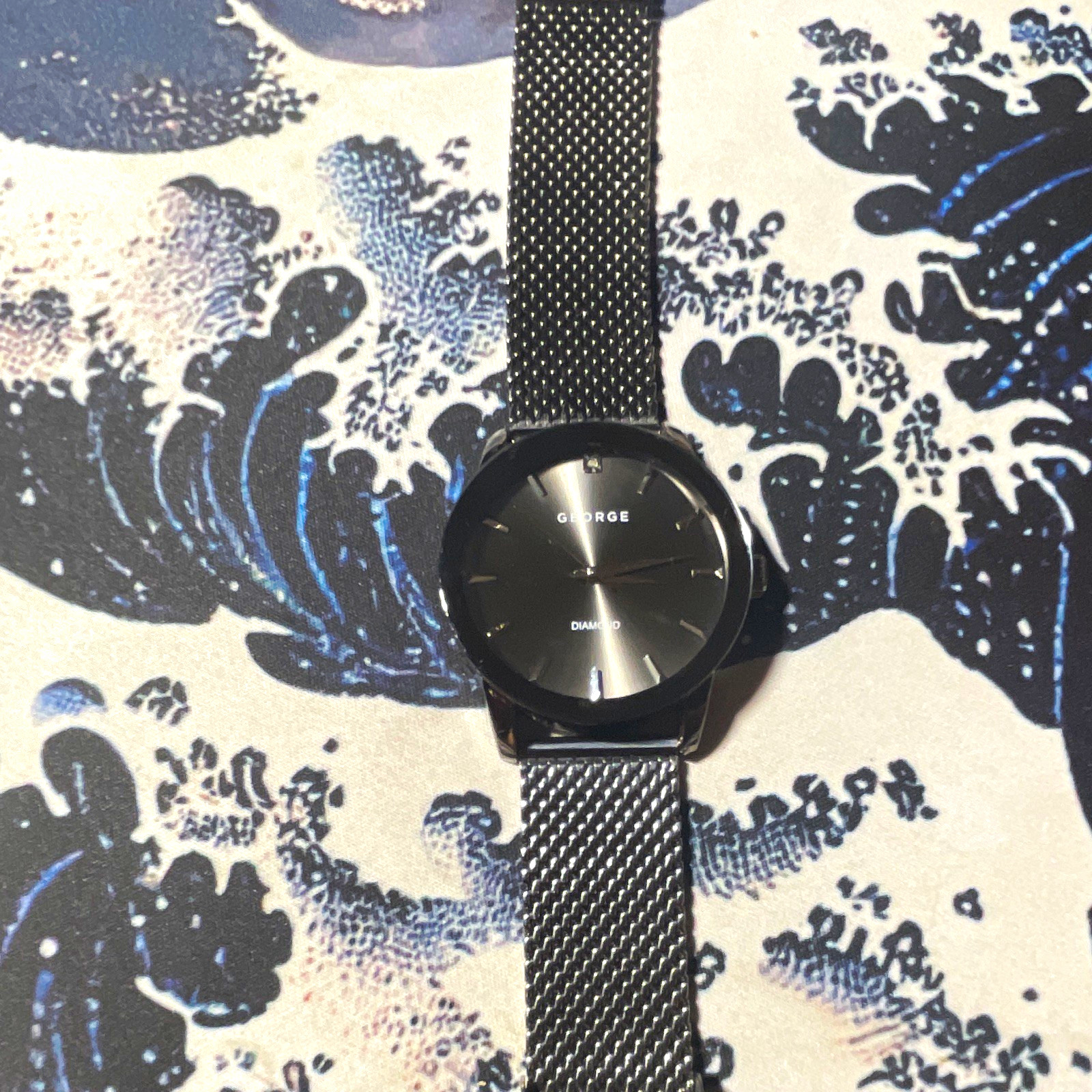 GEORGE Diamond Black Sunburst Dial Diamond Accent Mesh Band Quartz 35mm 30m
