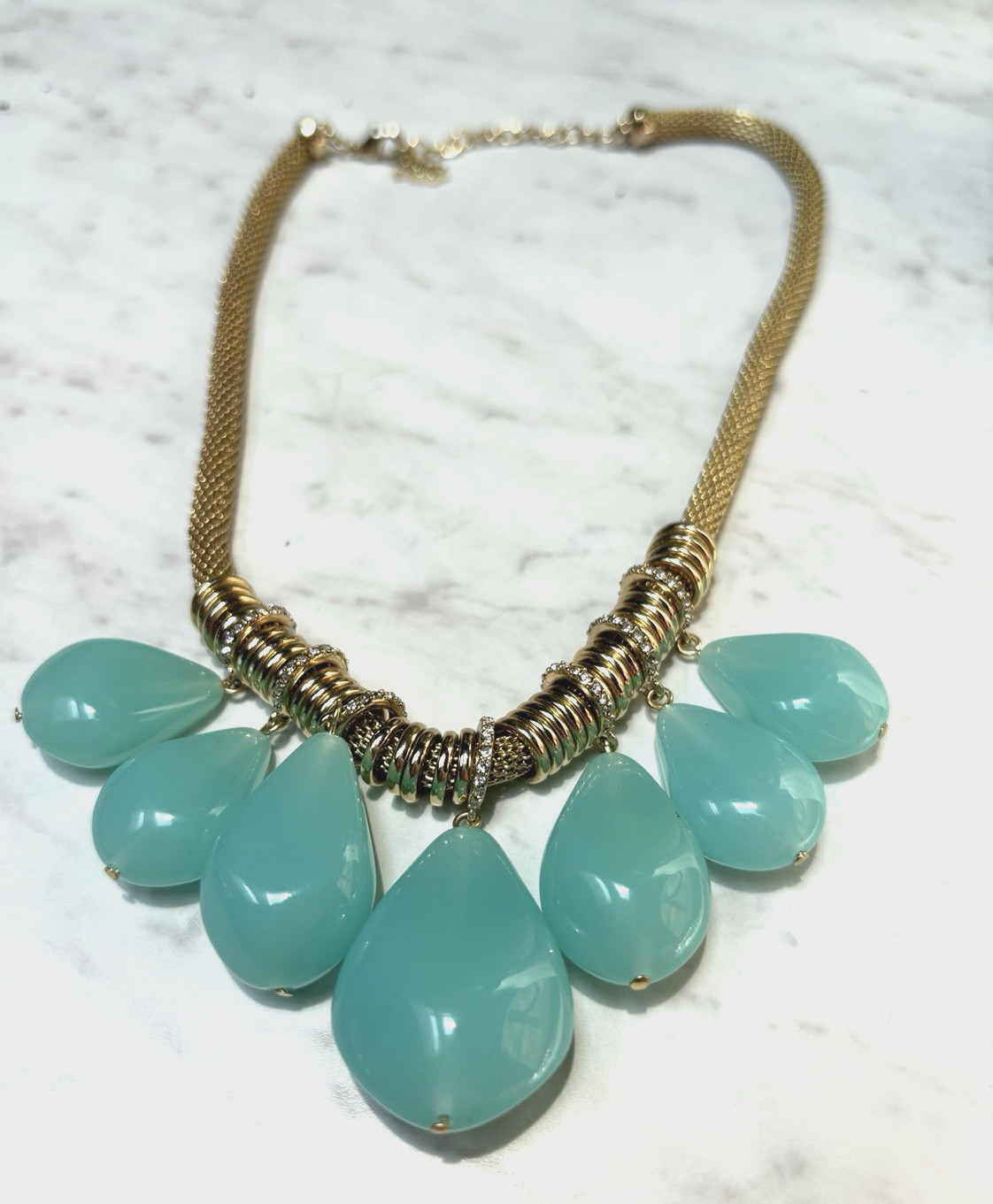ABS Arthur Swartz Chunky Statement Goldtone Mesh Aqua Acrylic Dangles Necklace
