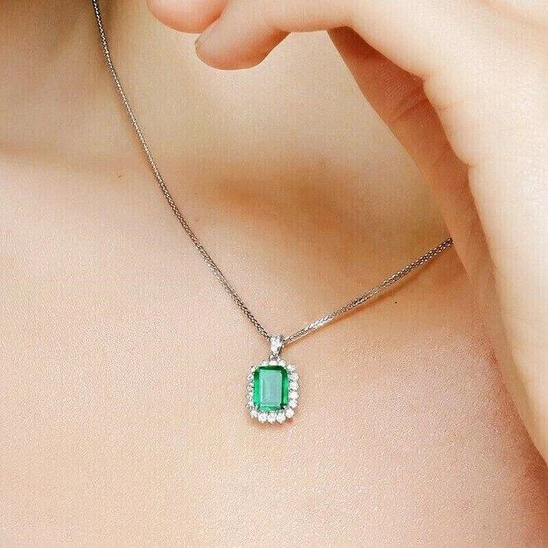 4Ct Emerald Cut Lab-Created Emerald Halo Pendant 14K White Gold Plated 16″ Chai