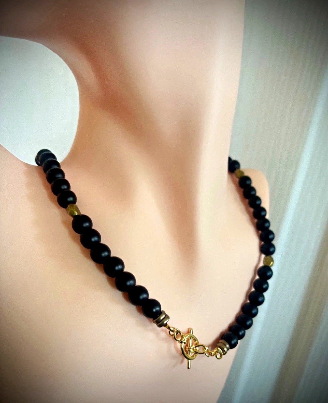 Black Beaded Necklace, Gold Tone Lobster Clasp, Ball/Bead Chain