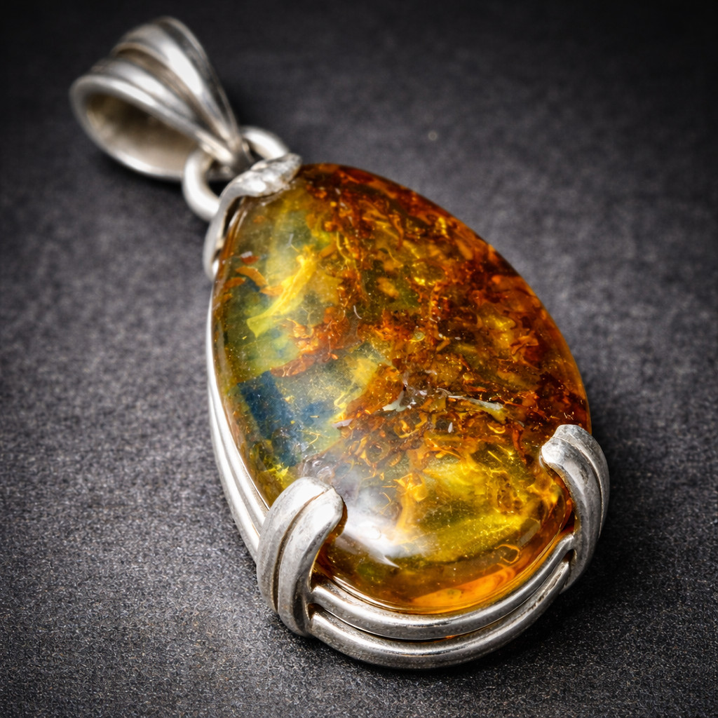 Charming Design Nat. Clear Green Orange Amber .925 Sterling Silver Pendant 35mm