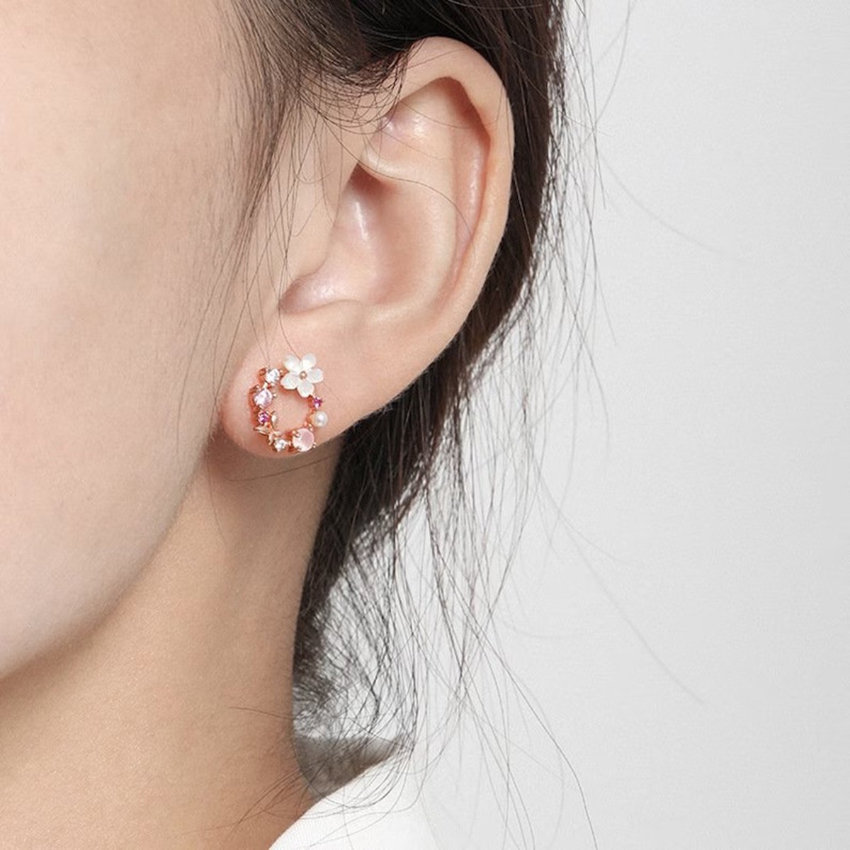 Natural Pearl Crystal Flower Post Earrings Rose Gold Butterfly Stud Earrings