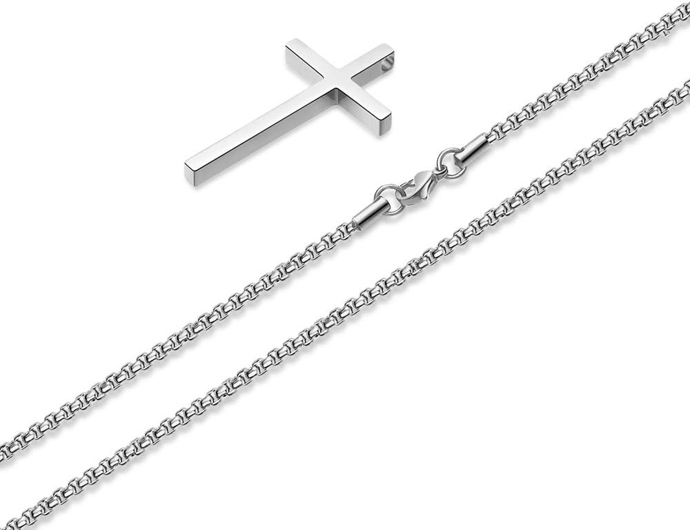 Cross Necklace for Men,Silver Stainless Steel Plain Cross Pendant Necklace