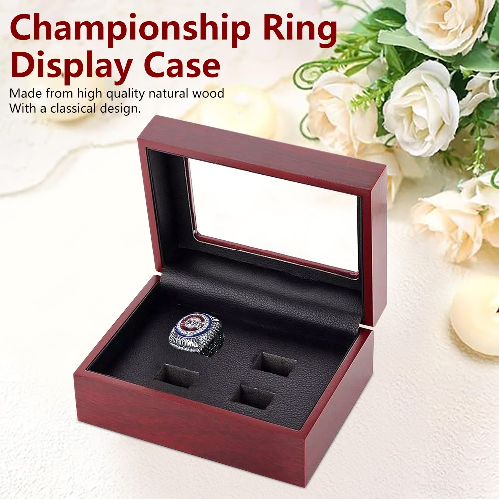 4-Slots Championship Ring Display Box Wooden Collection Case Storage Holder Gift