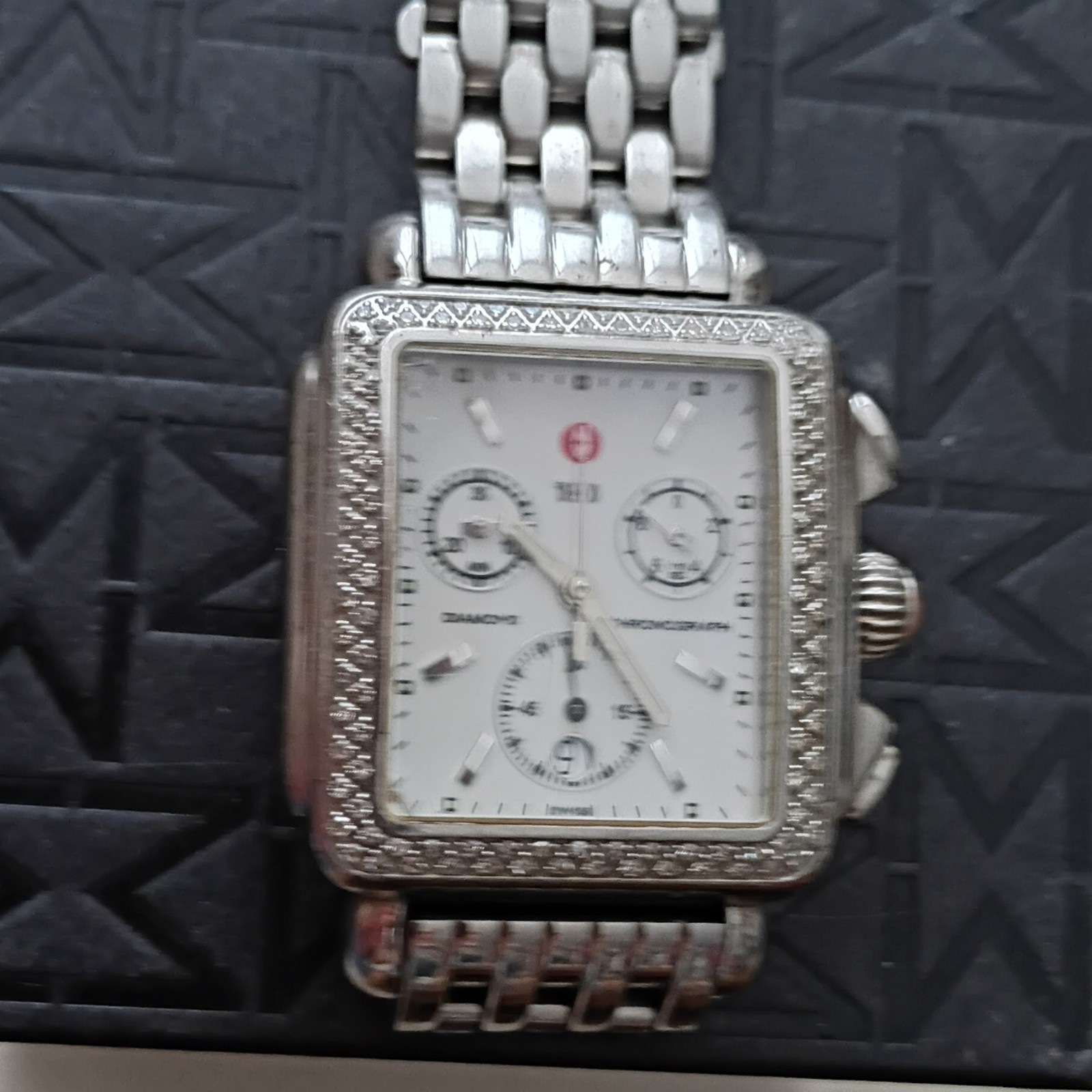 MICHELE Deco Diamond Bezel Chronograph Quartz White Dial 5 ATM SS Bracelet