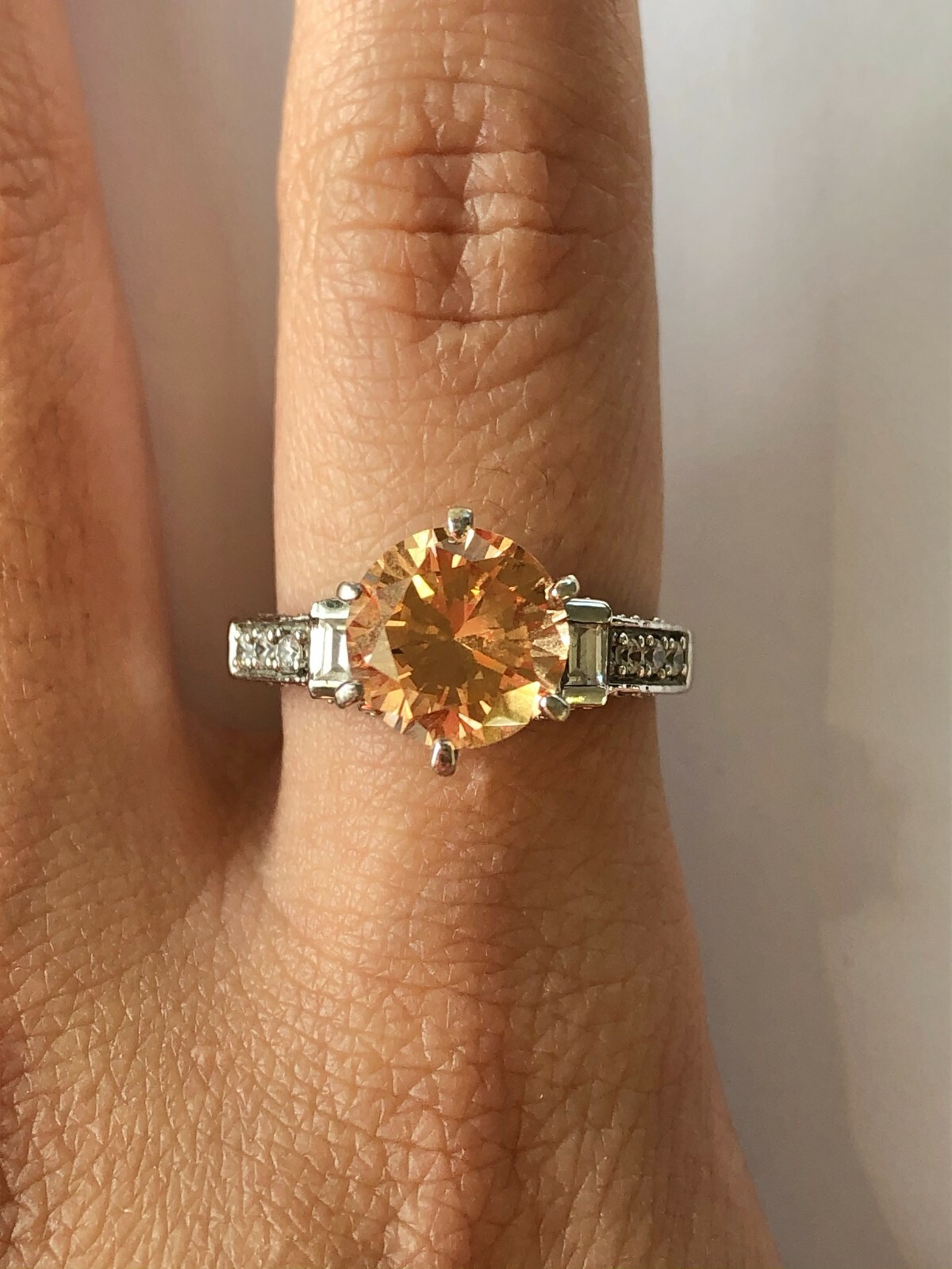 Elegant 2.5 CT Round Champagne CZ 925 Silver Baguette Accent Style Ring Size 6