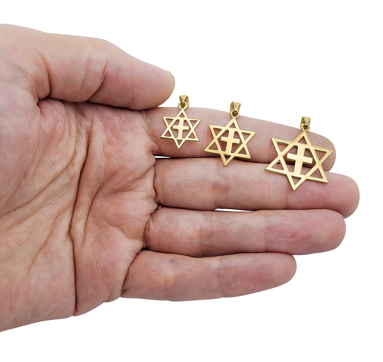 Solid 10K Yellow Gold Messianic Star of David with Cross Pendant, 3 Sizes