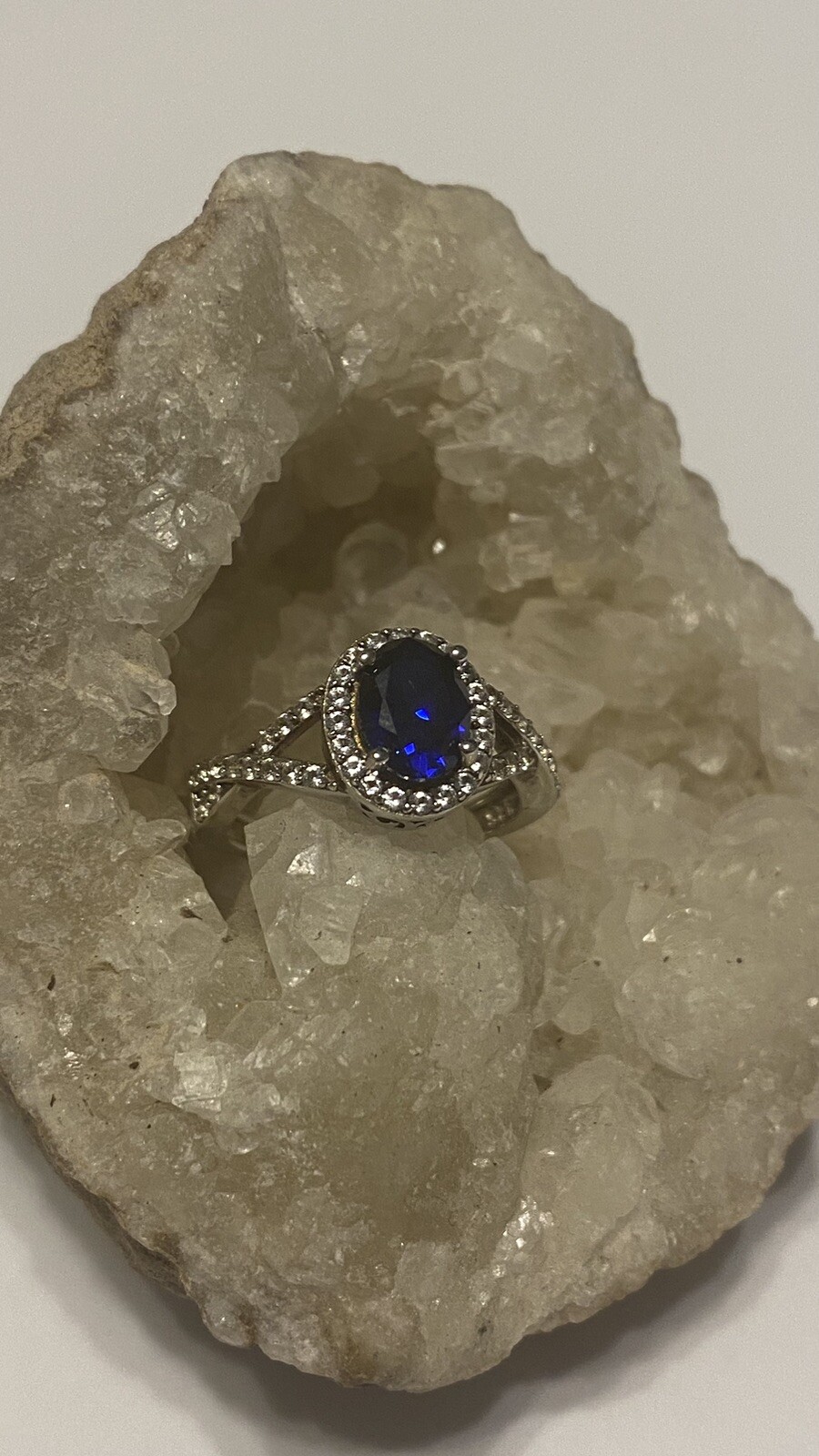 Blue And White Shapphire Sterling Sliver Pendant Necklace 18” Earrings Ring Sz 7