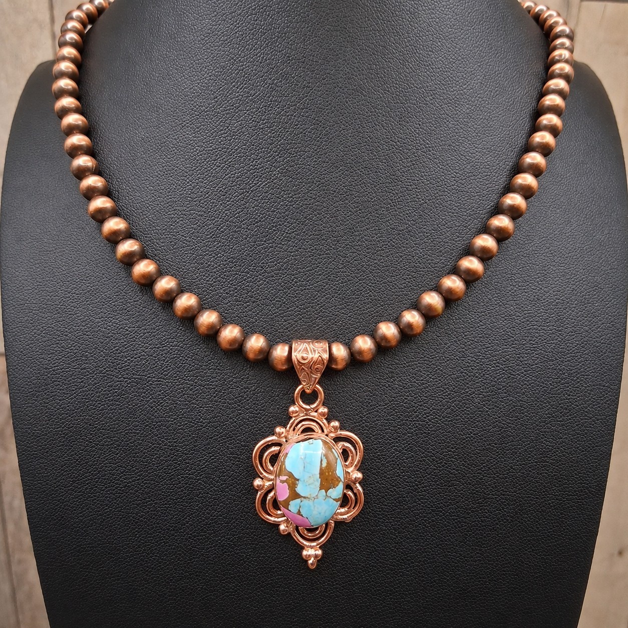 Solid Copper Navajo Desert Pearl Necklace 5mm Oxidized Beads 17-19″ Southwestern