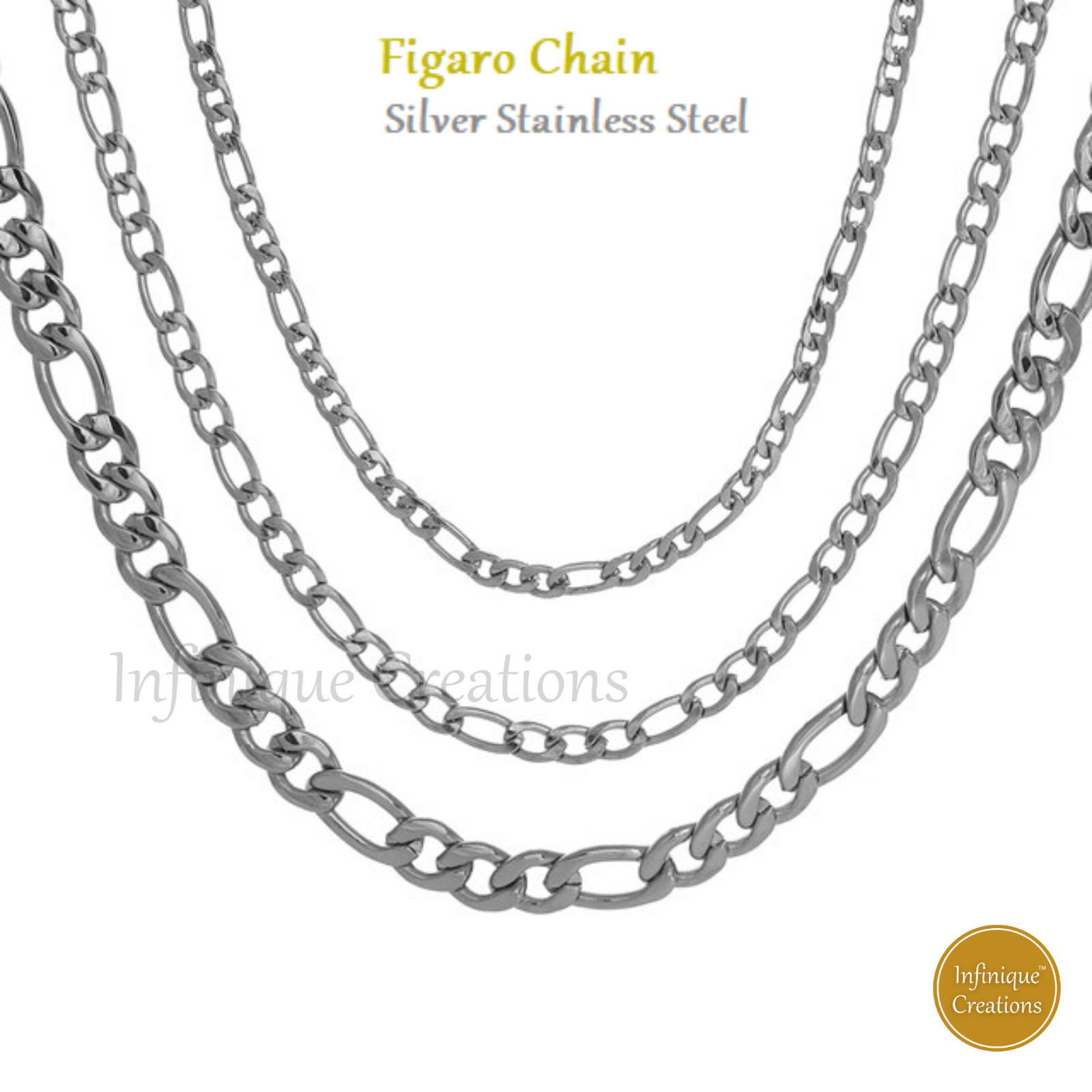 Stainless Steel Silver Figaro Chain Bracelet Necklace Men Women 3mm-12mm 7-38″