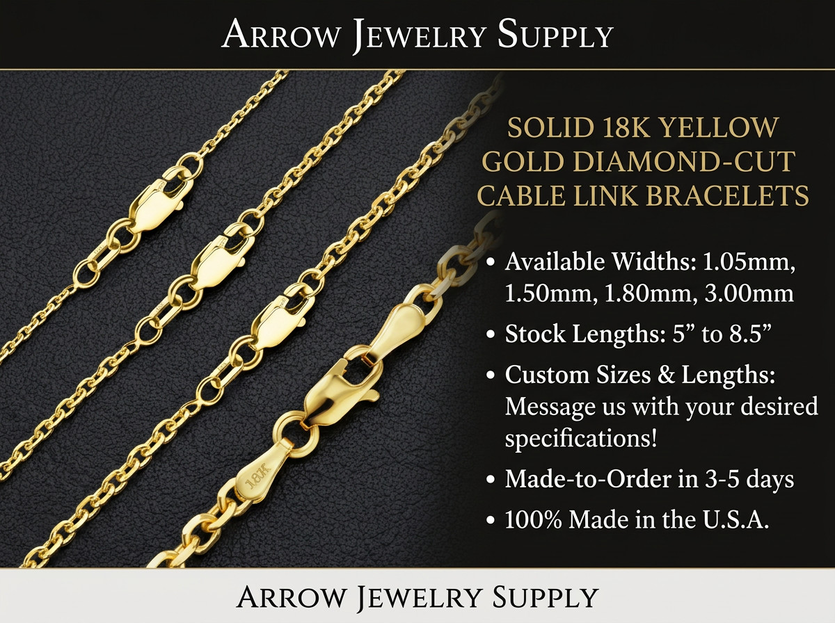 18K Solid Yellow Gold Diamond Cut Round Cable Bracelet