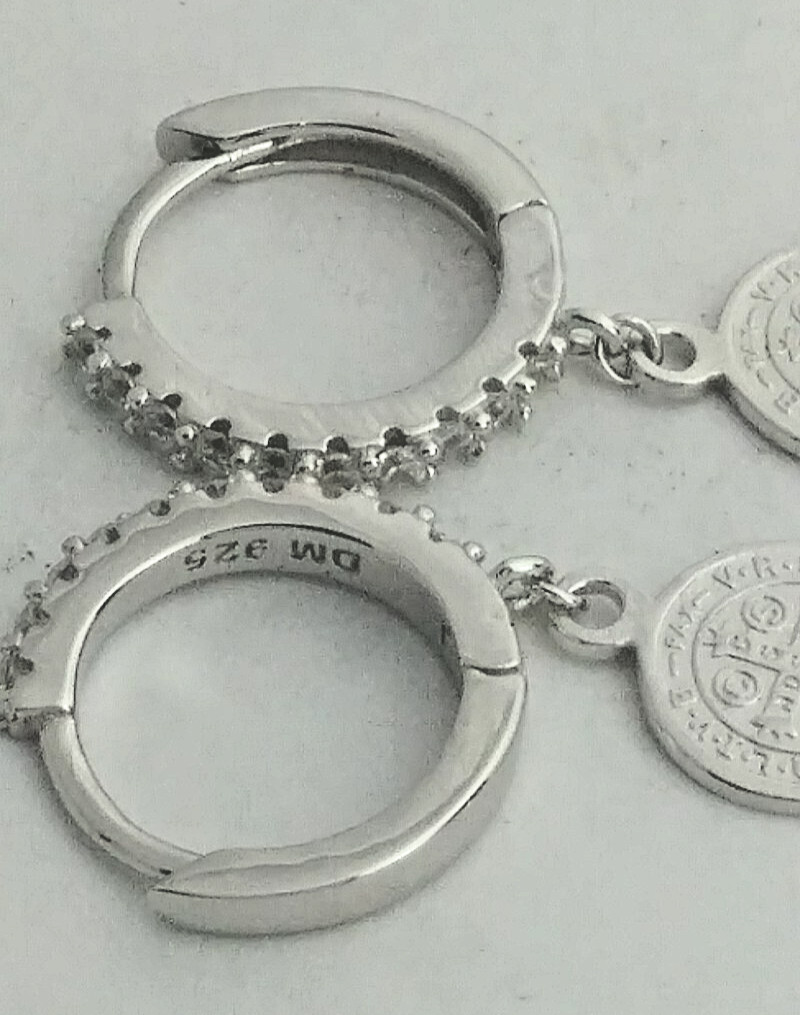 925 STERLING SILVER Rhodium Plated SAINT BENEDICT MEDAL Earrings 22x13MM