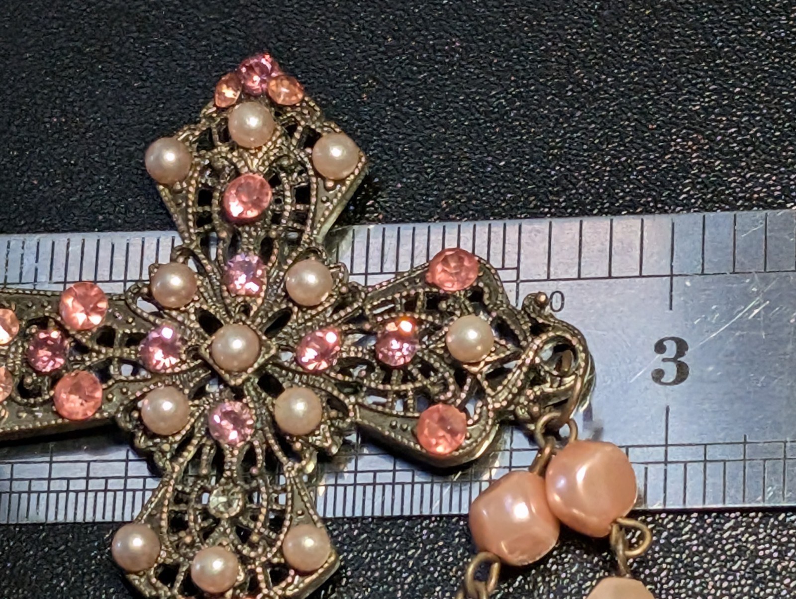 Bijoux Terner Pink Pearl Bead Cross Pendant Necklace Rhinestone Antique Bronze