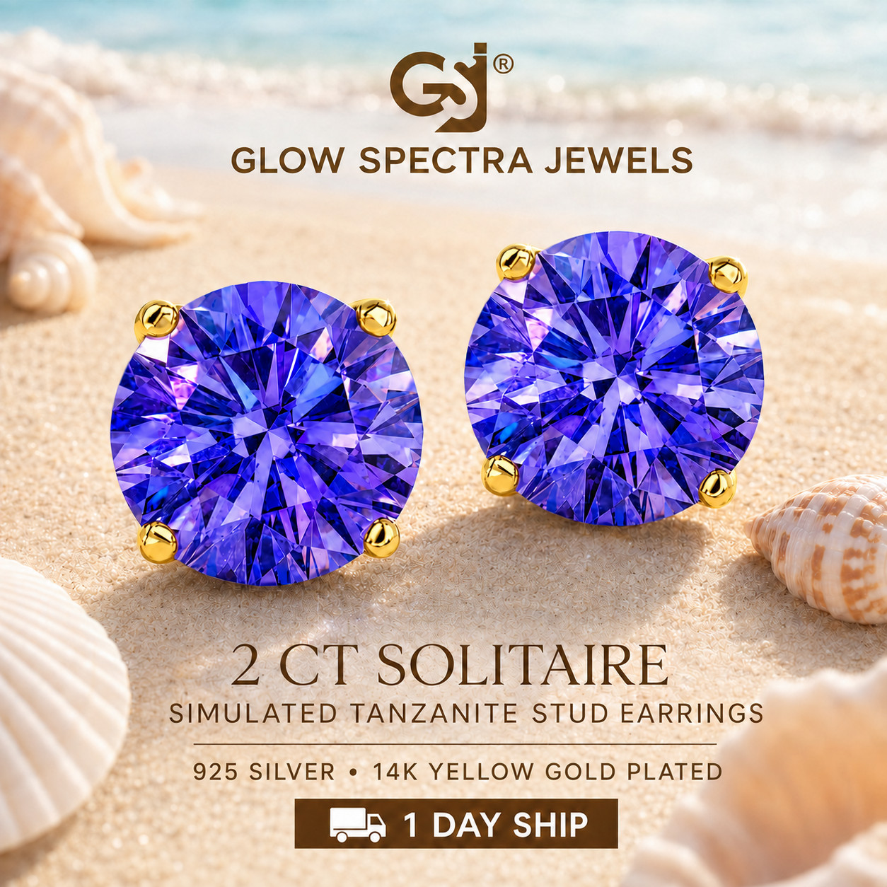2.00CT Solitaire Tanzanite Stud Erring Screw Back 14k Yellow Gold Plated